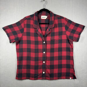 Pact‎ Red and Black Checkered Short Sleeve Button-Up Shirt, Size Large
